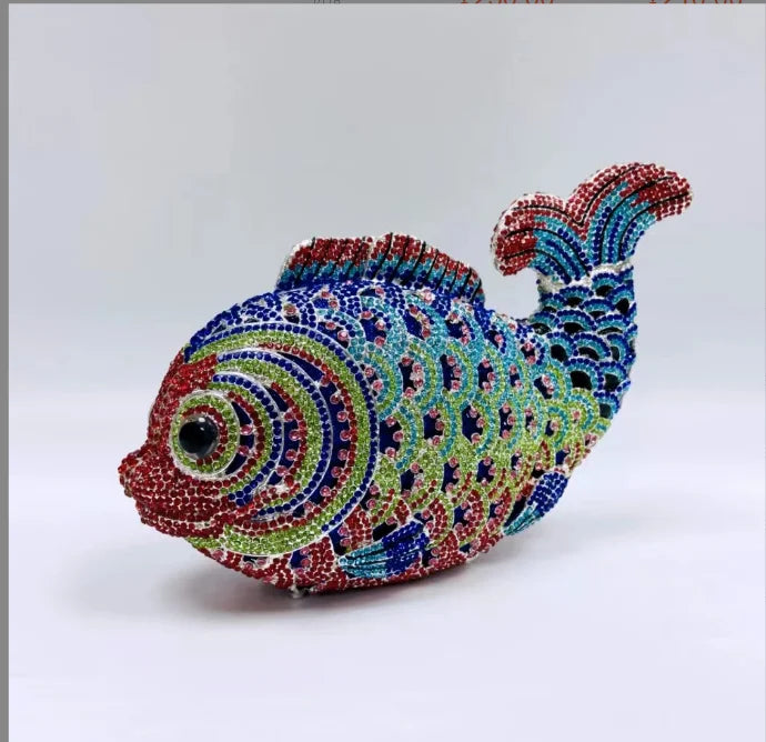 Fish Rhinestone Evening Clutch – Gold Crystal Minaudière Wedding & Party Handbag