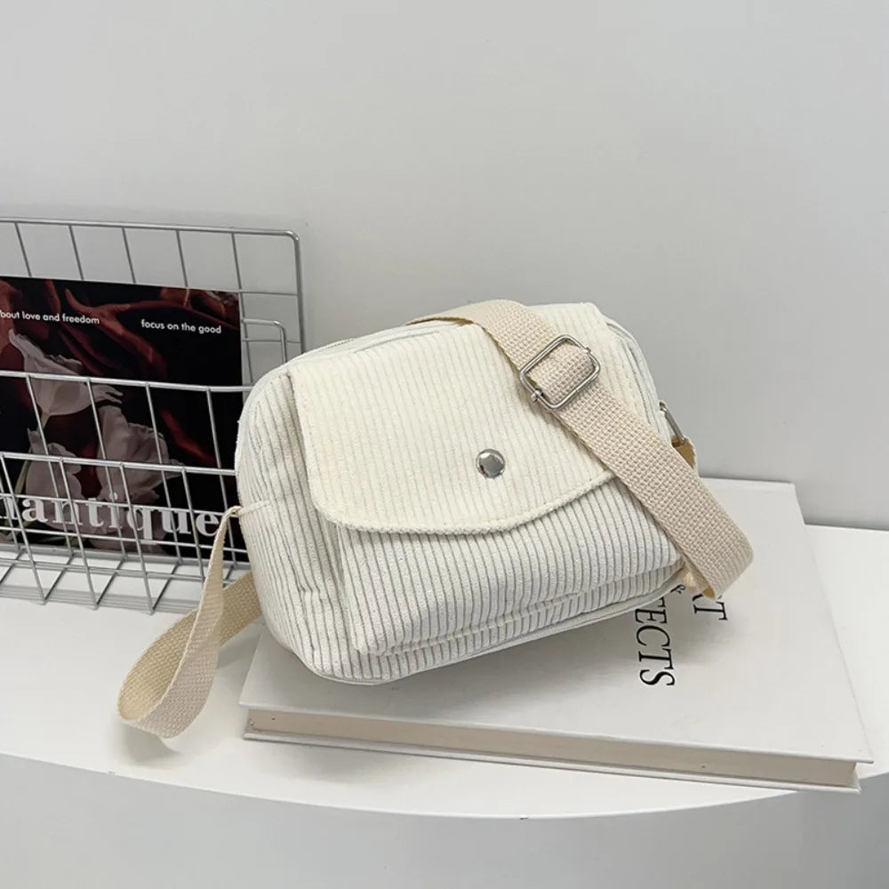 Corduroy Striped Crossbody Bag – Soft Casual Shoulder Bag with Adjustable Strap (Women’s Square Bag)