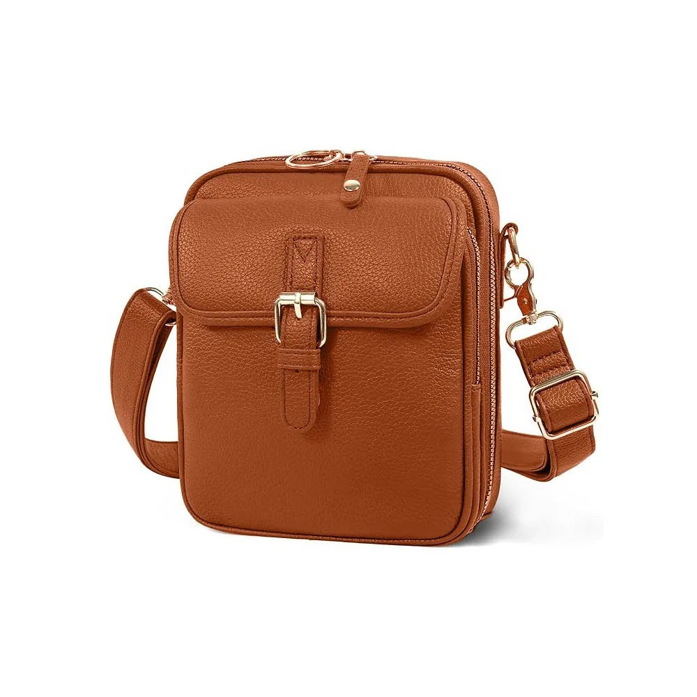 Vintage PU leather crossbody bag in light brown with gold-tone buckle and adjustable strap