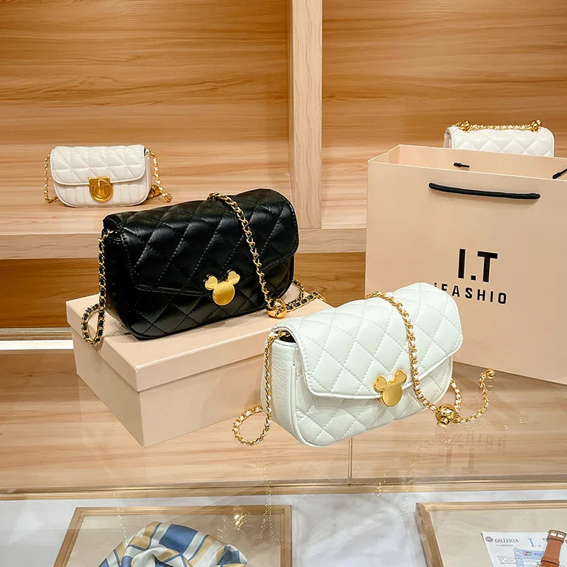 Mini Golden Ball Chain Bag - Leather Crossbody Square Purse with Mickey Detail