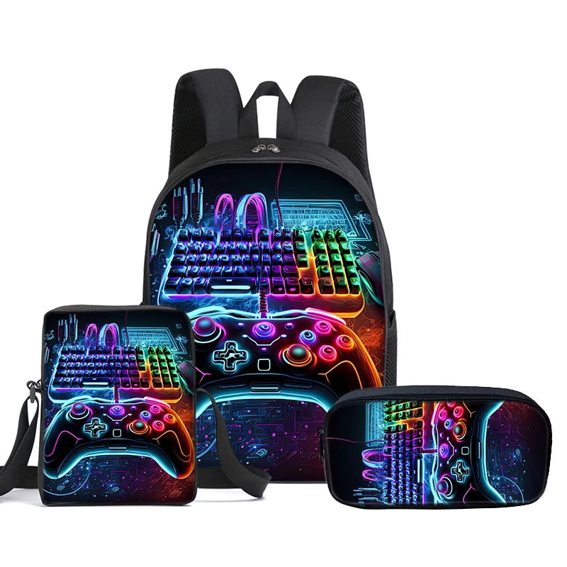 3D Cartoon Gamepad School Backpack Set | 3-Piece Kids Bag with Messenger Bag and Pencil Case