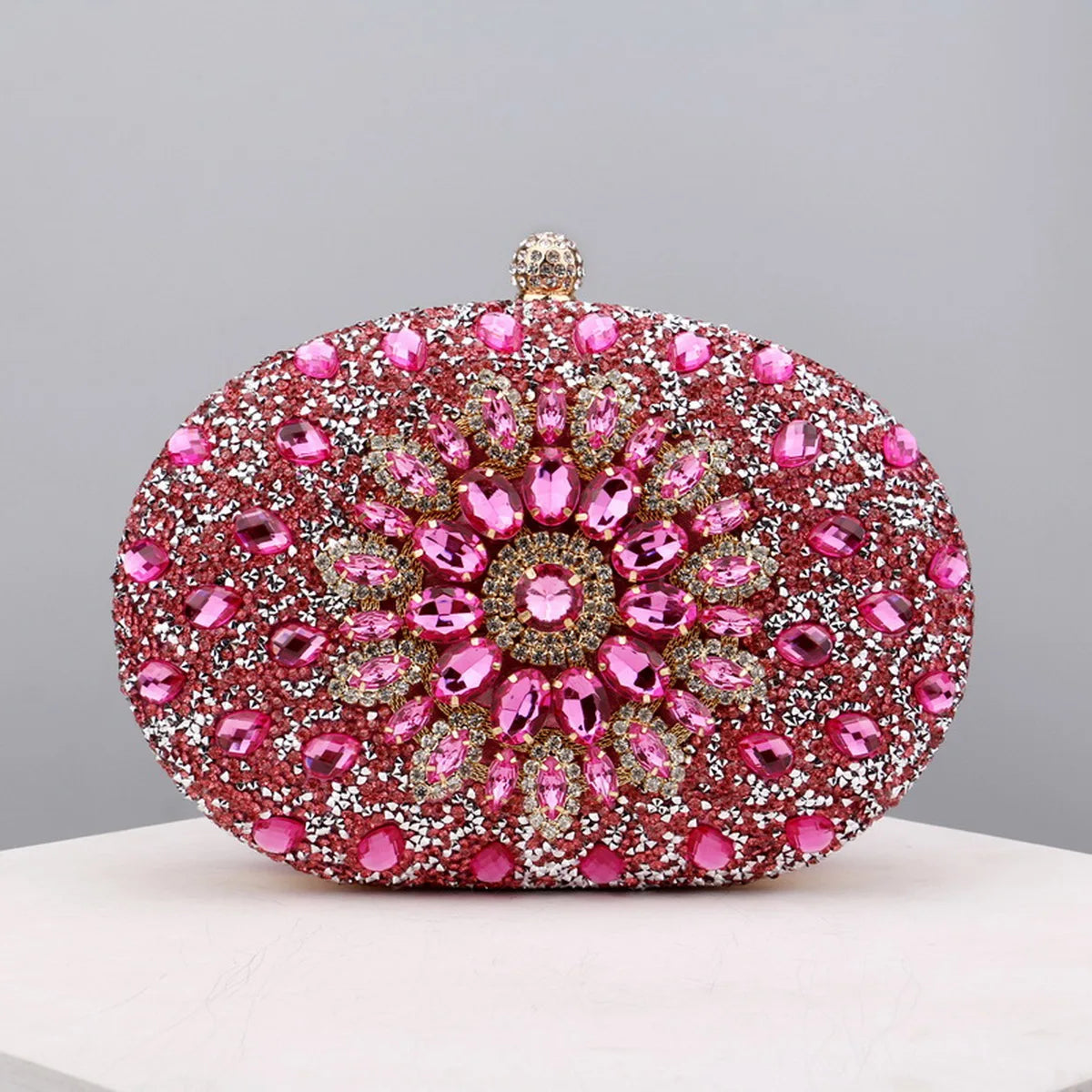 Flower Rhinestone Oval Clutch Purse – Sparkling Acrylic Evening Bag with Detachable Chain