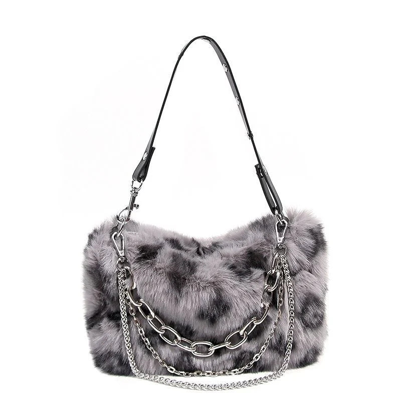 Faux Fur Leopard Print Shoulder Bag – Women's Fluffy Chain Handbag