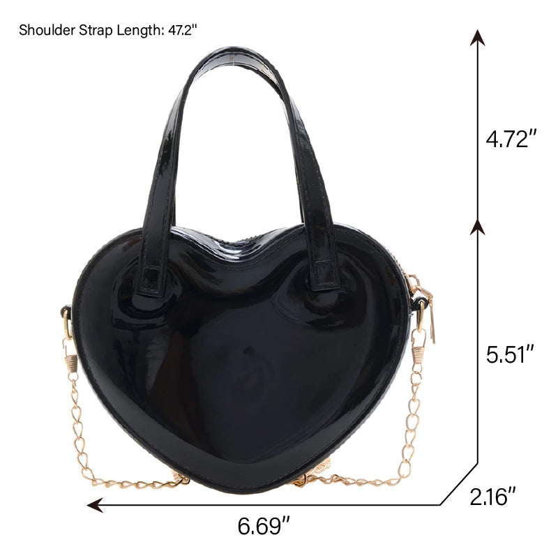 Black heart-shaped bag size guide showing 17 x 5.5 x 14 cm, a 12 cm handle and a 120 cm chain strap