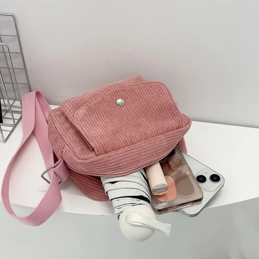 Corduroy Striped Crossbody Bag – Soft Casual Shoulder Bag with Adjustable Strap (Women’s Square Bag)