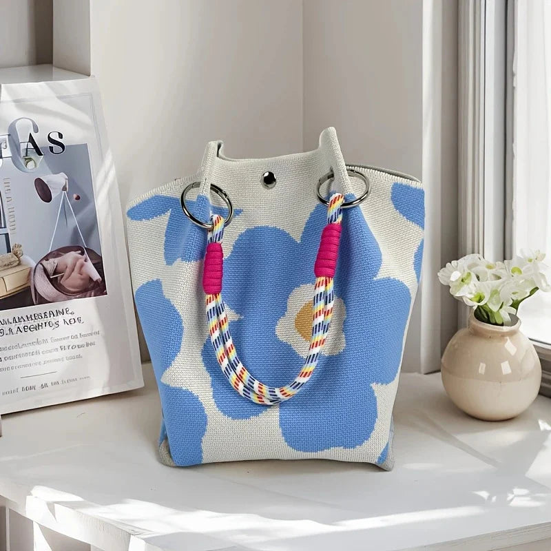 Women’s Vintage Floral Knit Tote Bag – Lightweight Shoulder Bag with Adjustable Straps & Snap Closure