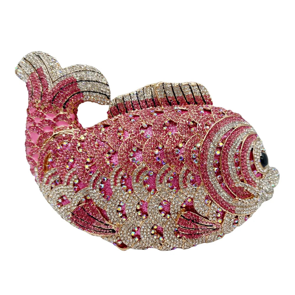 Fish Rhinestone Evening Clutch – Gold Crystal Minaudière Wedding & Party Handbag