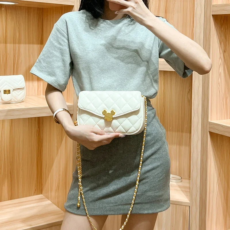Mini Golden Ball Chain Bag - Leather Crossbody Square Purse with Mickey Detail