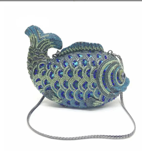 Fish Rhinestone Evening Clutch – Gold Crystal Minaudière Wedding & Party Handbag
