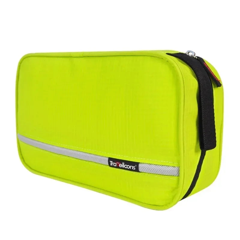 Closed lime green toiletry bag showing the reflective front stripe and side carry loop
