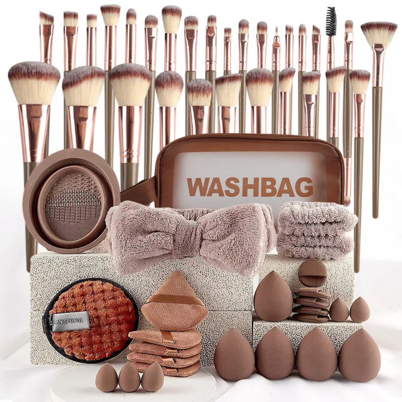 40‑Piece Beauty Makeup Tool Combo Set – Face Wash, Puffs, Brushes & Triangle Powder Puff Kit
