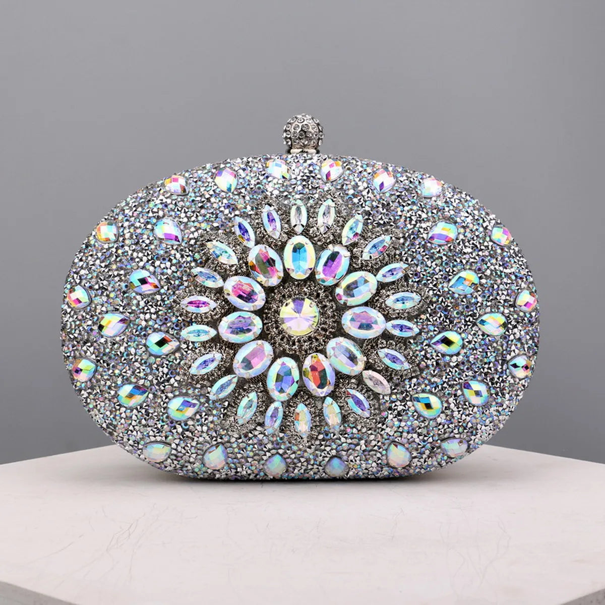 Flower Rhinestone Oval Clutch Purse – Sparkling Acrylic Evening Bag with Detachable Chain