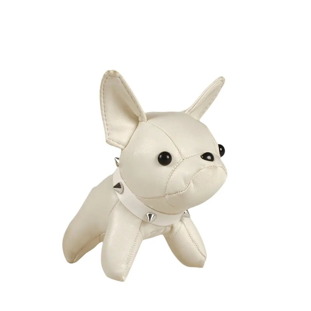 White kawaii French Bulldog leather keychain with silver spike collar — cute chubby dog bag charm kawaii accessory