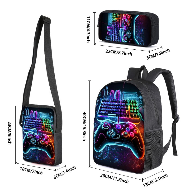 3D Cartoon Gamepad School Backpack Set | 3-Piece Kids Bag with Messenger Bag and Pencil Case