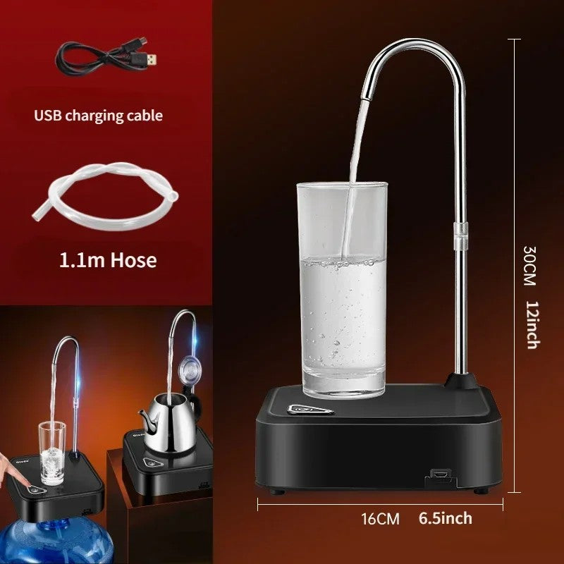 Beige electric water pump with a gooseneck spout filling a glass, with the USB charging cable and 1.1 m hose shown