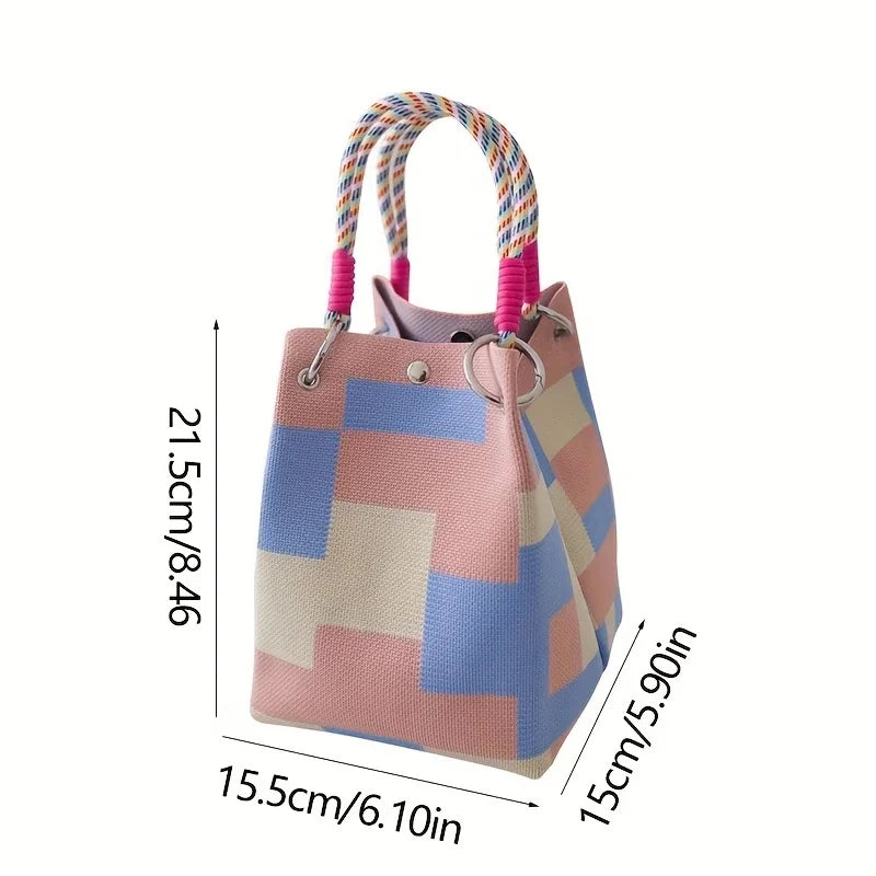 Vintage knit bucket bag dimensions — 21.5 x 15.5 x 15 cm shown on pink colourway
