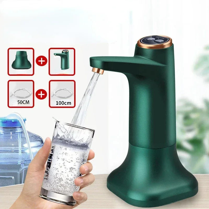 Green electric water pump with a base, spout 50cm an 100cm tube