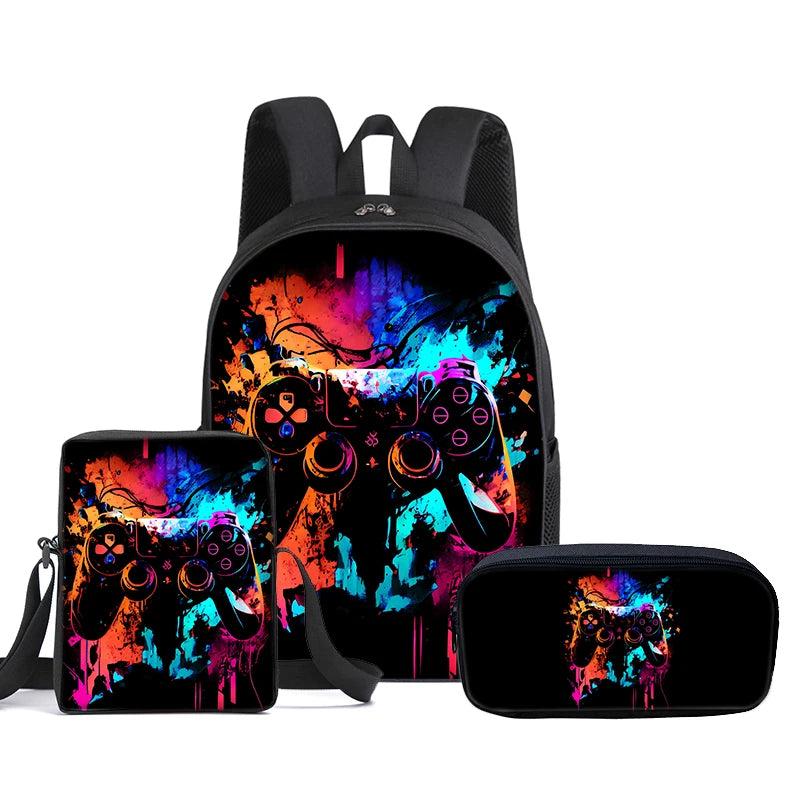 3D Cartoon Gamepad School Backpack Set | 3-Piece Kids Bag with Messenger Bag and Pencil Case