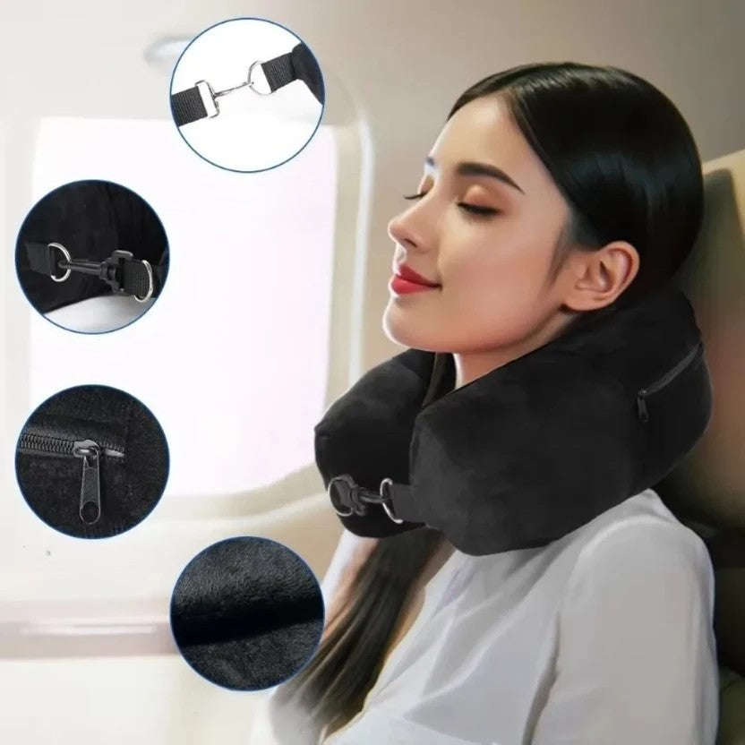 Woman wearing grey fillable travel neck pillow on flight with black U-shaped pillow and strap detail insets showing adjustable shoulder strap, sturdy buckle, zipper design and soft fabric callouts