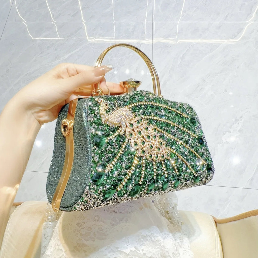 Peacock Rhinestone Evening Bag – Luxury Glam Shoulder & Crossbody Purse for Parties, Banquets & Special Events