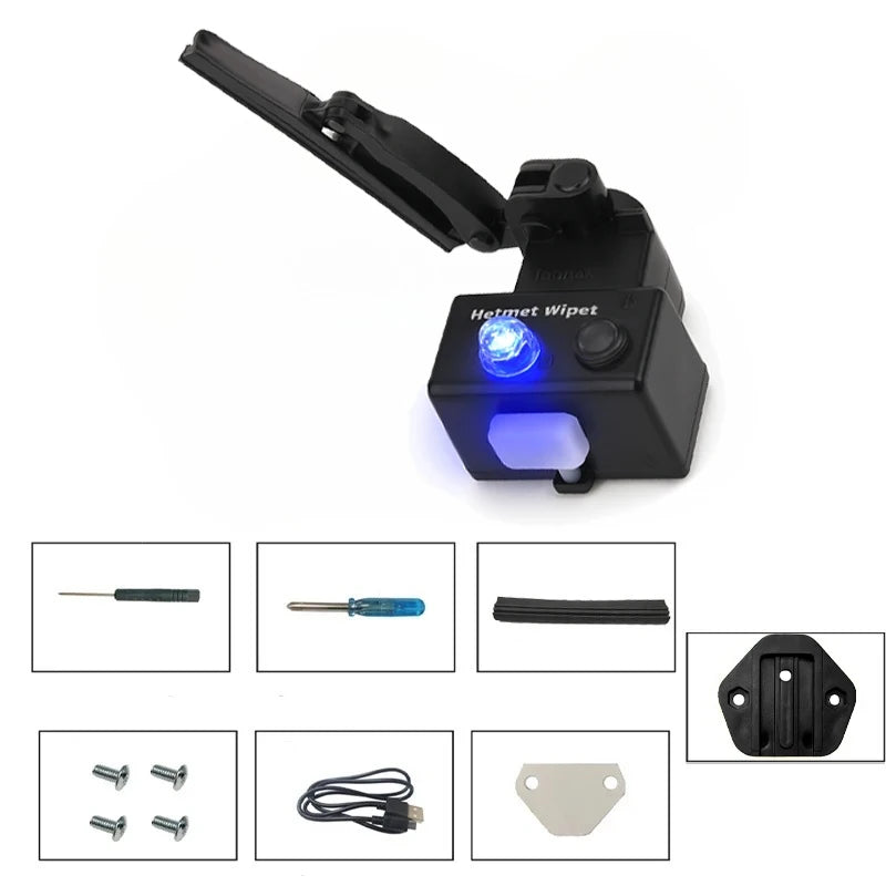 Black helmet rain wiper packaged with all included accessories