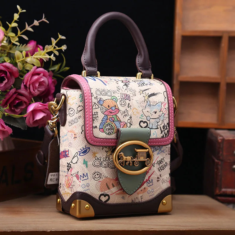 Graffiti Print Top Handle Bag - Crossbody Shoulder Bag
