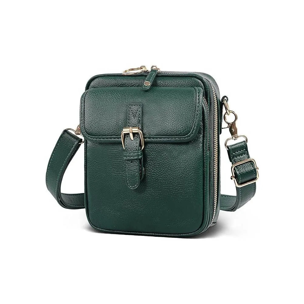 Vintage PU leather crossbody bag in green with gold-tone buckle front pocket and adjustable crossbody strap