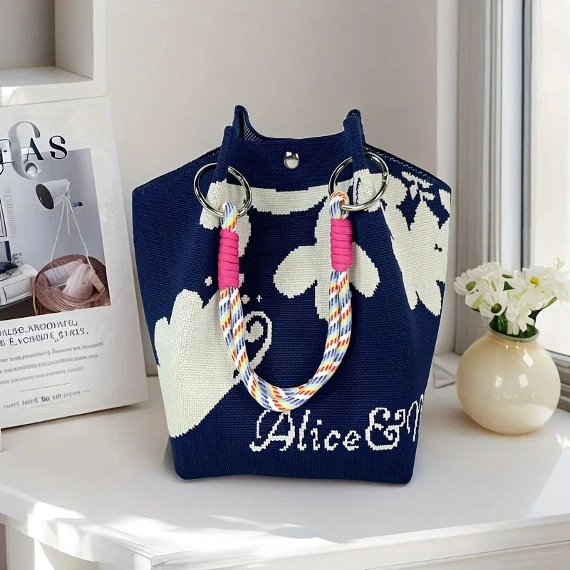 Women’s Vintage Floral Knit Tote Bag – Lightweight Shoulder Bag with Adjustable Straps & Snap Closure