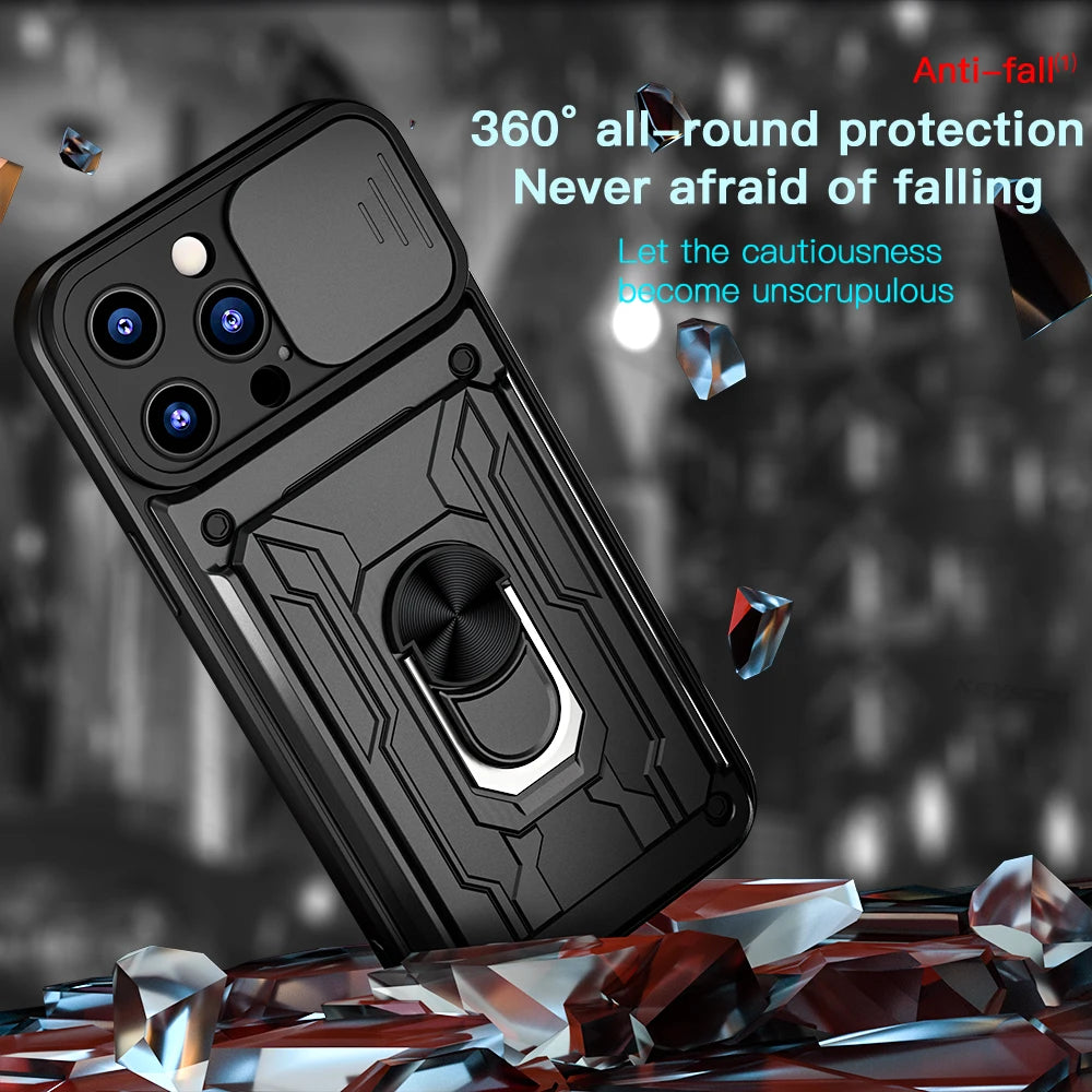 Shockproof iPhone Case with Card Slot & Kickstand – Camera Protection Ring Cover