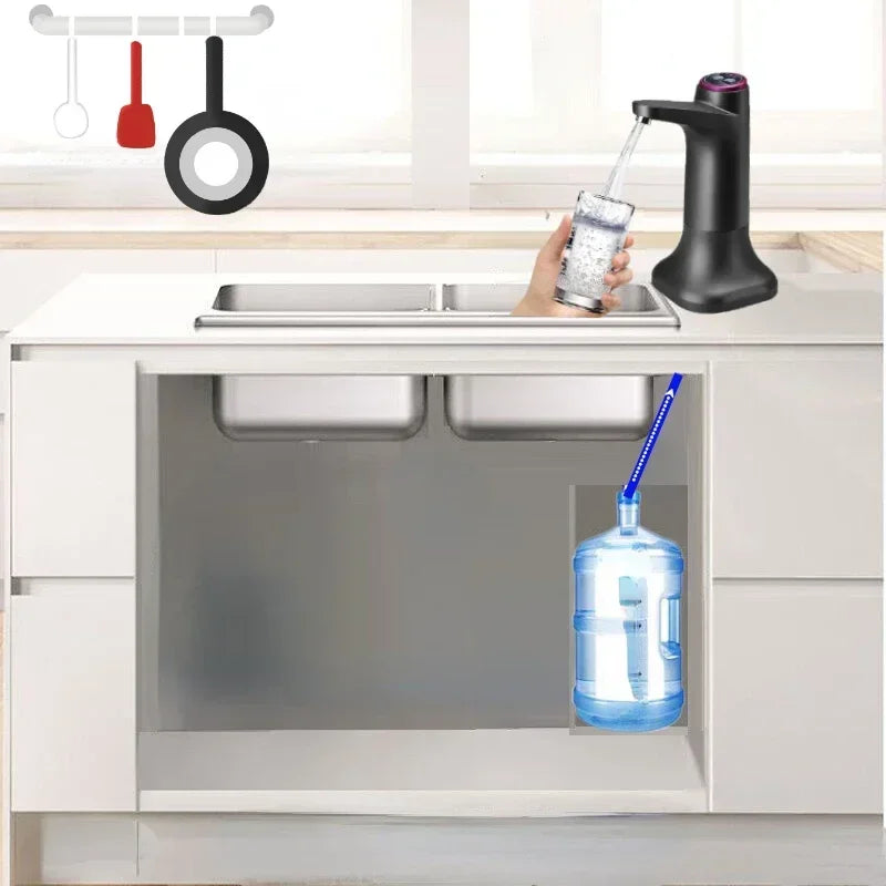 Electric water pump on a kitchen counter filling a glass, with a barreled-water bottle in the cabinet below
