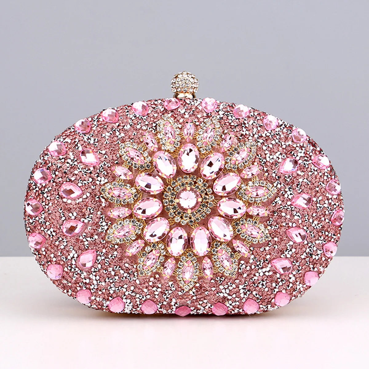 Flower Rhinestone Oval Clutch Purse – Sparkling Acrylic Evening Bag with Detachable Chain