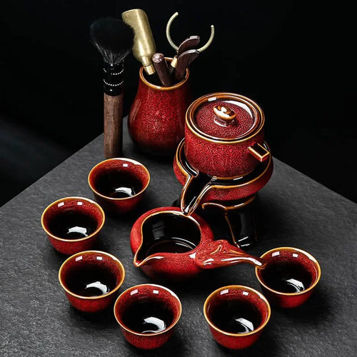 MiniSolutions Crimson Red 8-piece Kung Fu tea set with automatic teapot, fairness pitcher, tea tool holder (tools not included) and 6 teacups on dark slate surface
