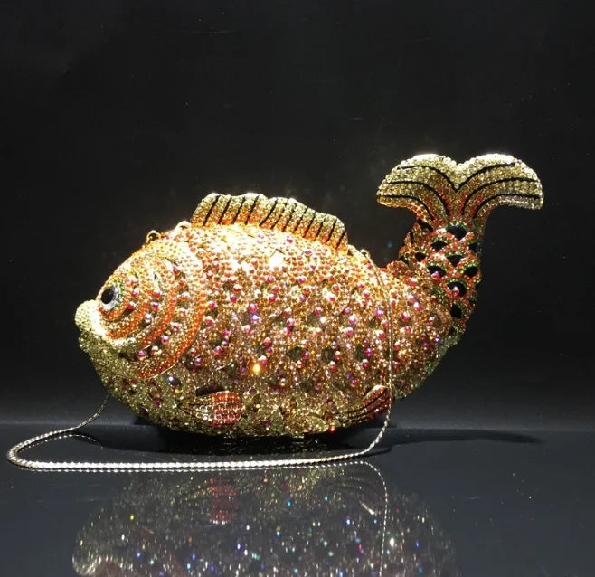 Fish Rhinestone Evening Clutch – Gold Crystal Minaudière Wedding & Party Handbag