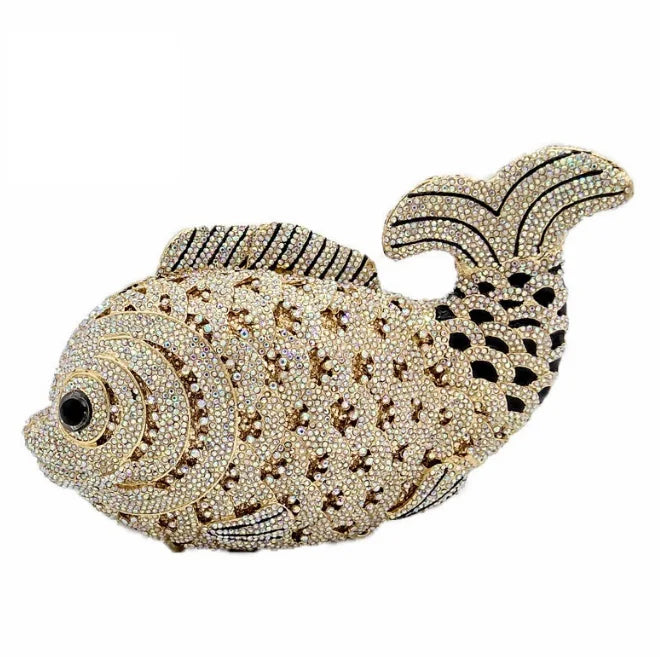 Fish Rhinestone Evening Clutch – Gold Crystal Minaudière Wedding & Party Handbag