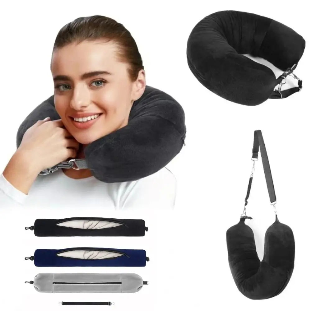 Woman wearing black fillable travel neck pillow showing three colours and zipper opened and closed. Pillow clipped together