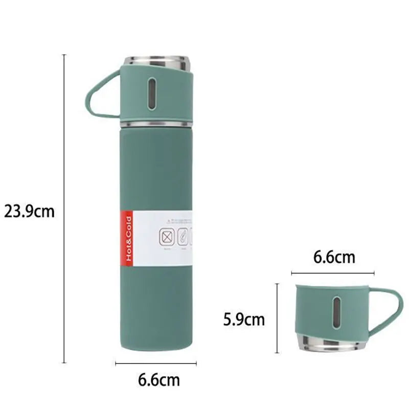 Green thermos with measurements on a white background