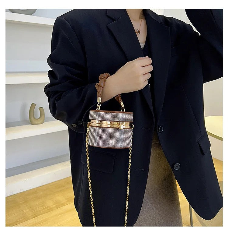 Mini Rhinestone Bucket Bag – Ruched Handle & Chain Crossbody