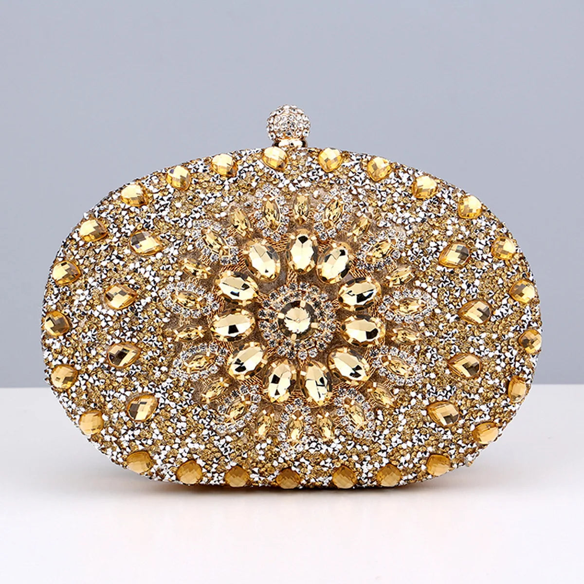 Flower Rhinestone Oval Clutch Purse – Sparkling Acrylic Evening Bag with Detachable Chain