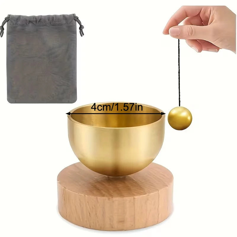 Brass singing bowl and striker shown with bowl dimensions