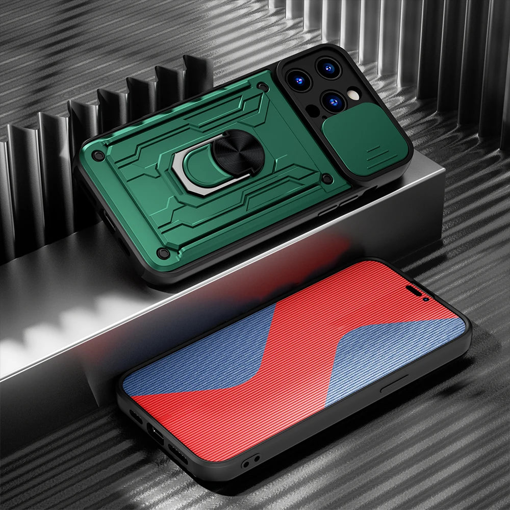 Shockproof iPhone Case with Card Slot & Kickstand – Camera Protection Ring Cover
