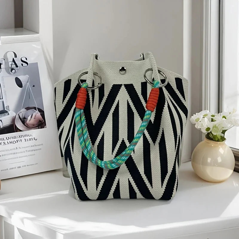 Women’s Vintage Floral Knit Tote Bag – Lightweight Shoulder Bag with Adjustable Straps & Snap Closure