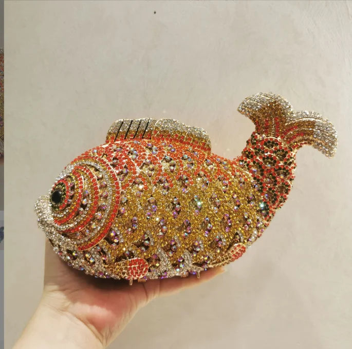 Fish Rhinestone Evening Clutch – Gold Crystal Minaudière Wedding & Party Handbag