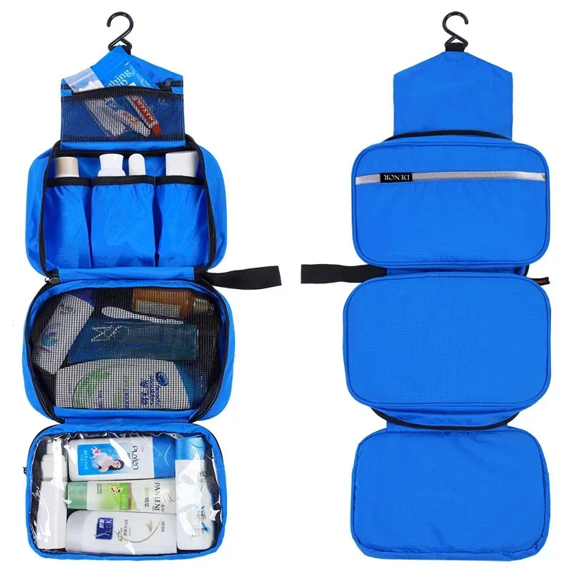 Blue hanging toiletry bag unrolled, shown filled with toiletries and the outside of bag
