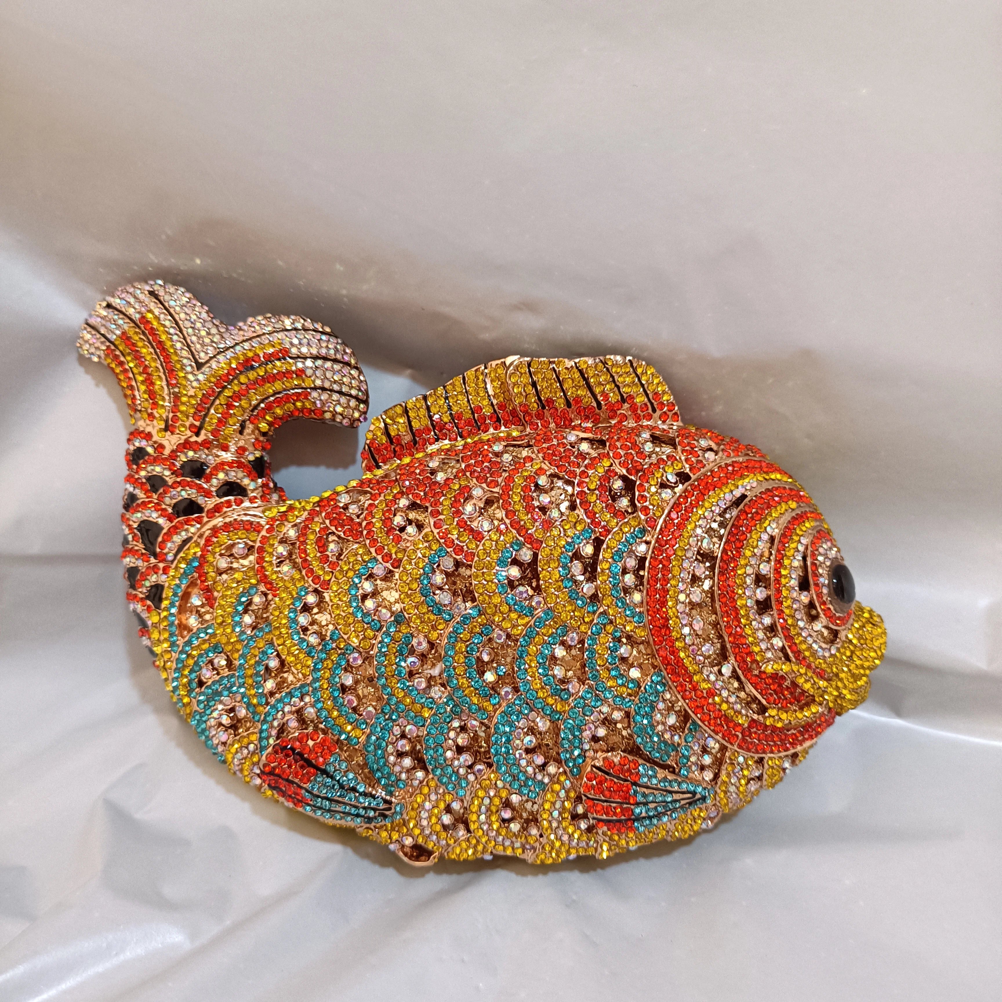 Fish Rhinestone Evening Clutch – Gold Crystal Minaudière Wedding & Party Handbag