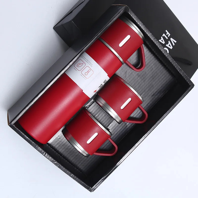 500ml stainless steel vacuum flask in red gift set with two matching cups in premium black gift box with gift bag