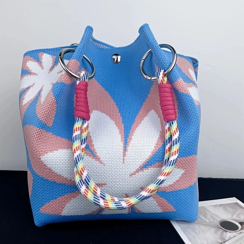 Women’s Vintage Floral Knit Tote Bag – Lightweight Shoulder Bag with Adjustable Straps & Snap Closure