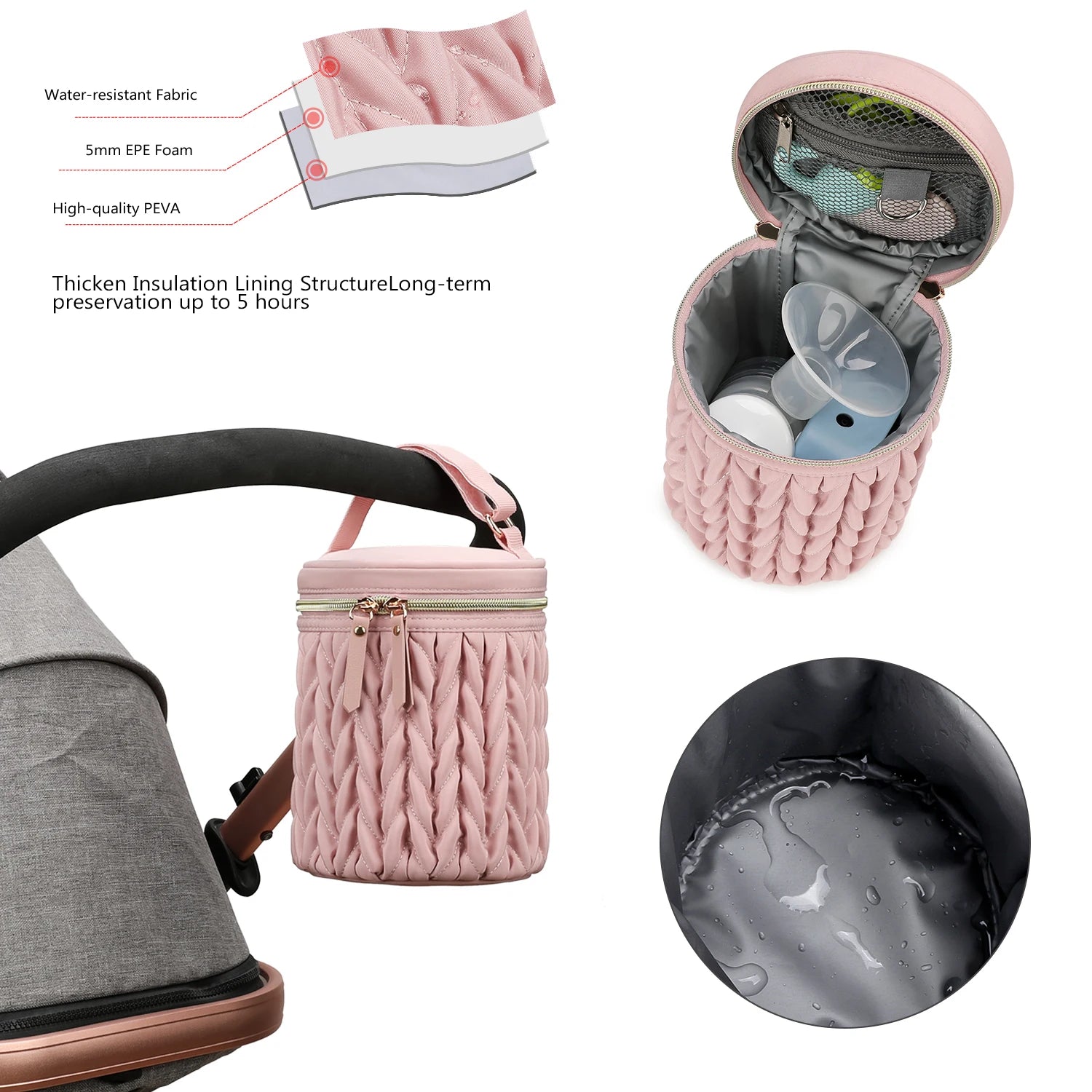 Multi‑Functional Baby Milk Cooler Bag – Waterproof Insulated Stroller Hanging Meal Bag (Fabric, Zipper Closure)
