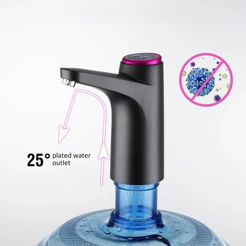 Close-up of the pump's 25-degree outlet fitted to the mouth of a barreled-water bottle