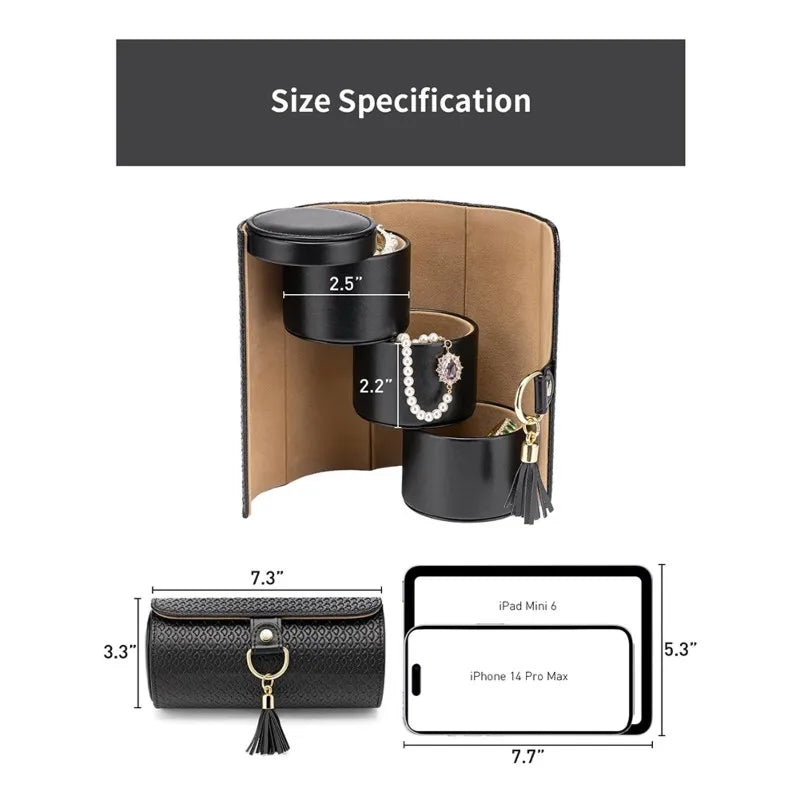 Portable Leather Jewellery Box – Cylinder Travel Case | Minimalist 3‑Layer Rotating Storage for Rings & Earrings