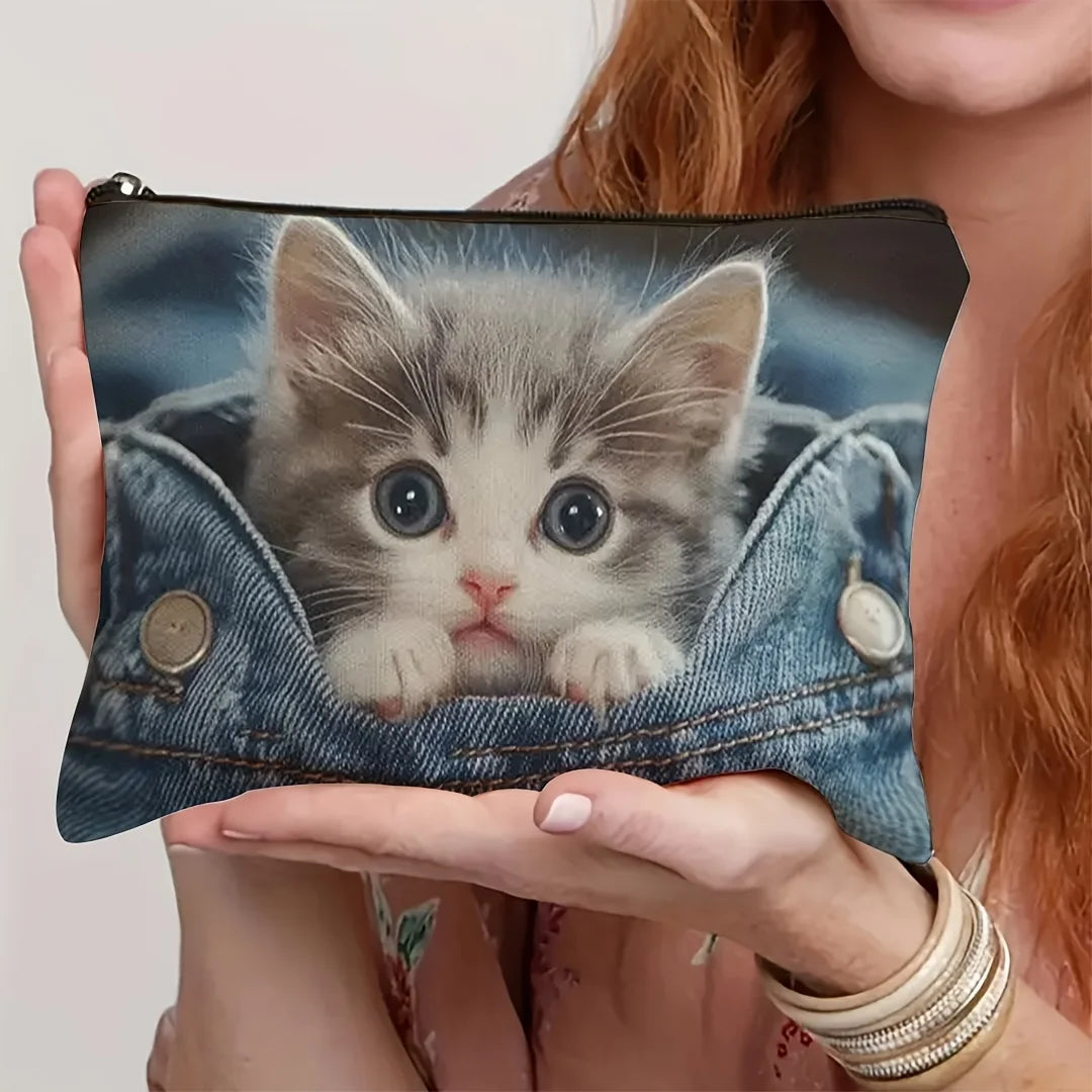 Mini Cat Themed Makeup Bag - Cute Multifunctional Cosmetic & Jewellery Organizer Pouch